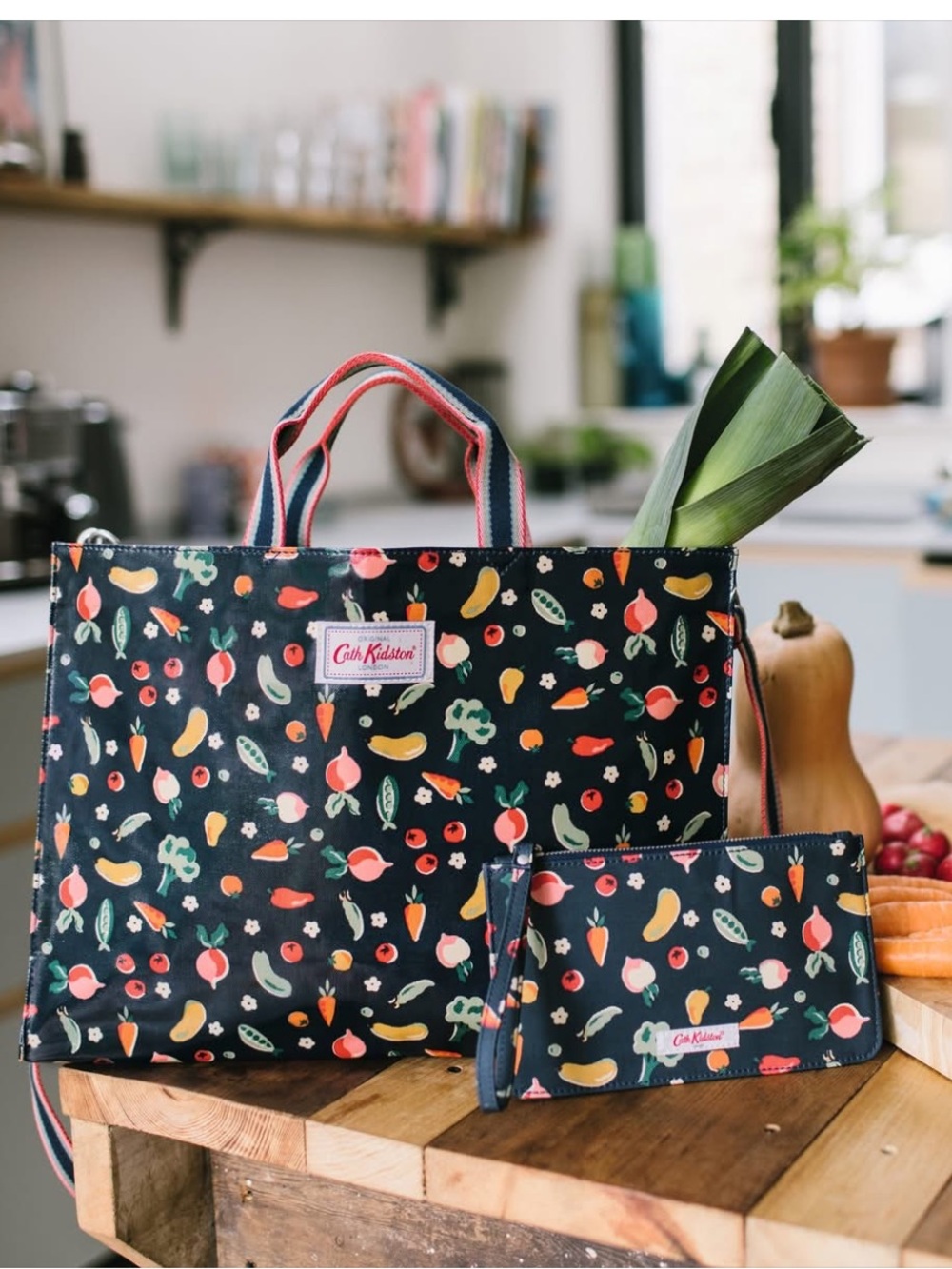 Cath Kidston Navy Vegetable Print Tote with Striped Handles and matching wallet